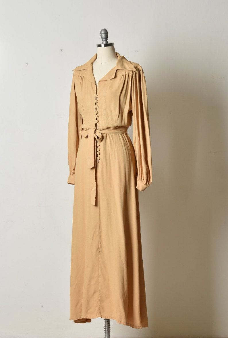 70's Vintage Maxi dress, Long Floor length Beige dress, Button up Collared Evening Wedding guest, Size M Belted Spring Wide sleeves dress image 6