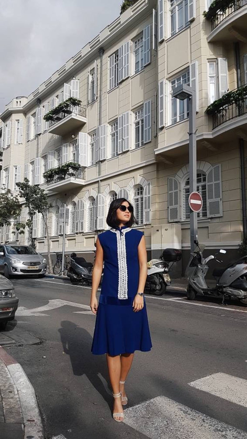 Royal Blue dress, Wedding guest dress, Beaded dress, fit and flare dress, Vintage dress, sleeveless dress, high collar dress, Fancy dress 画像 1