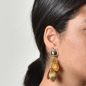Stone earrings, Clip on earrings, Drop earrings, Gold earrings, Statement earrings, Boho earrings, Ethnic earrings, Vintage earrings, 70s image 3