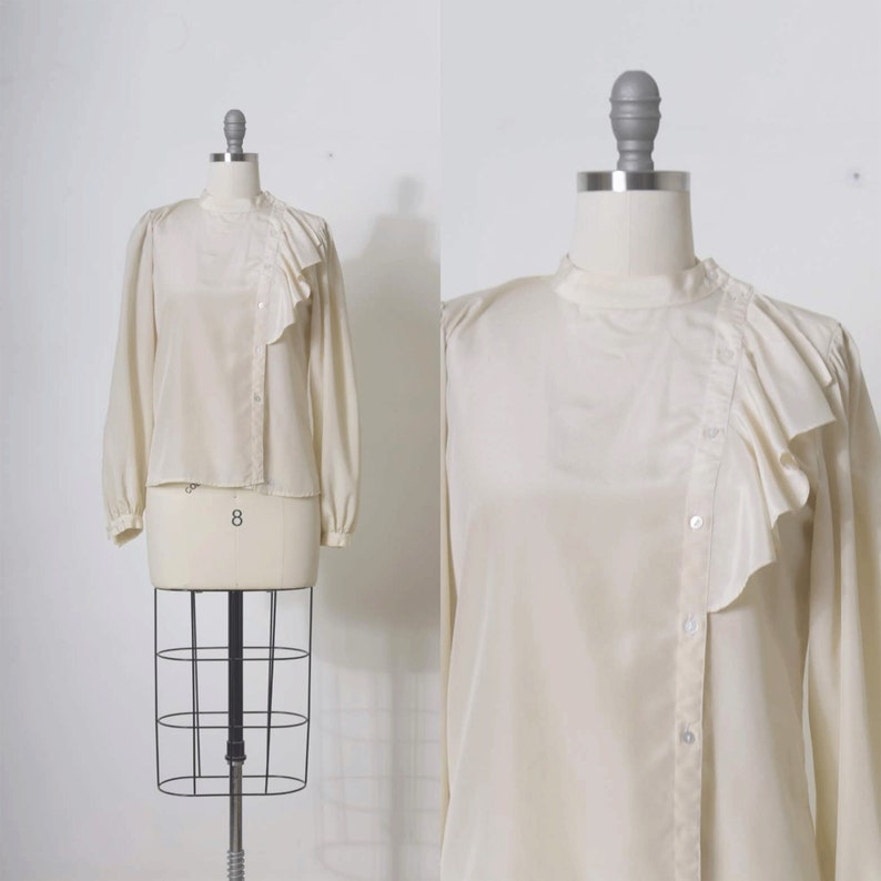 Victorian inspired blouse, White blouse, Cream colour top, Button up shirt, Long sleeve, Elegant blouse, Womens blouses, Vintage blouse image 2