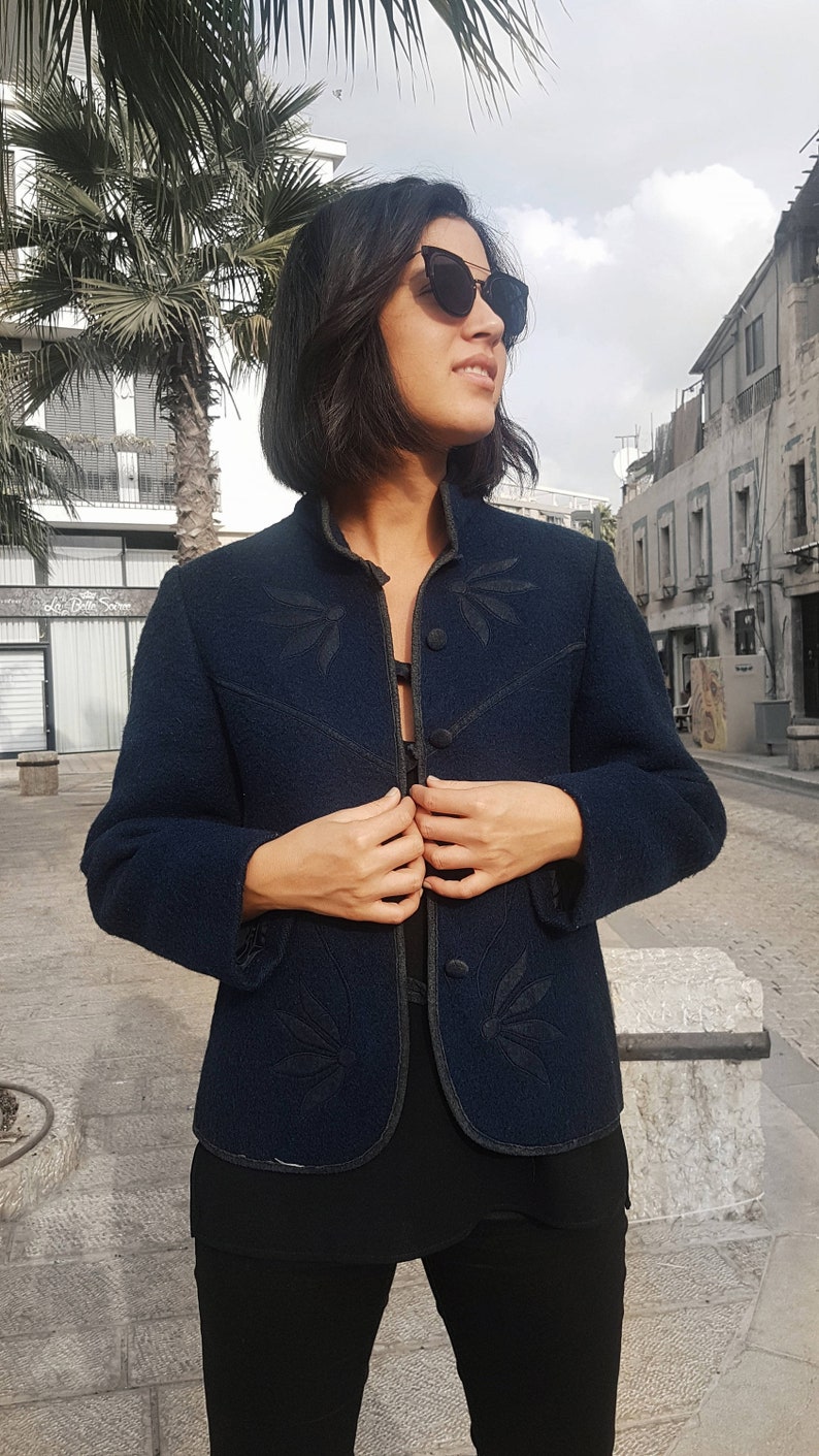 Womens wool coat, Fall winter coat, Asian style coat, Navy blue coat, Vintage coat, Japanese jacket, Blue coat, Button up coat, Chinese neck image 1