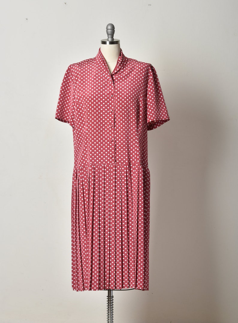 Polka dots, vintage dress, Pleated dress, Bordeaux dress, Midi dress, Button up dress, Day Summer dress, short sleeve dress, Spring dress image 3