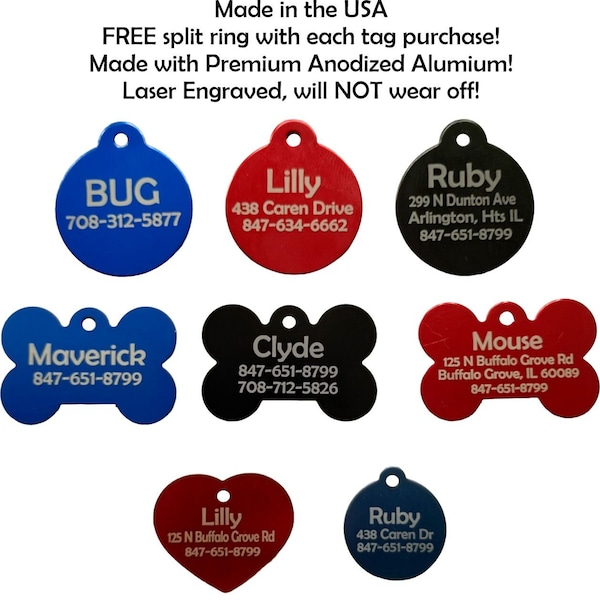 Custom Engraved Pet ID Tags for Dogs and Cats/Bone Shape, Round Shape and Heart Shape