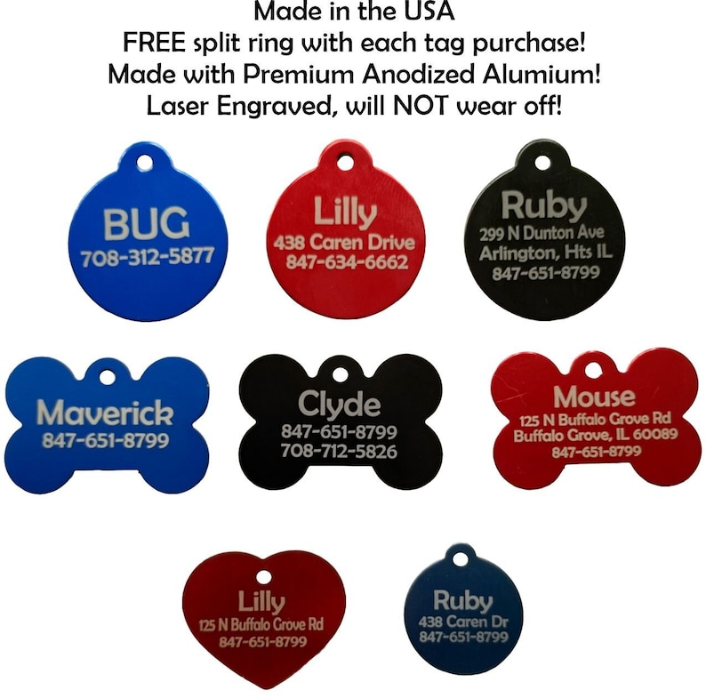 Custom Engraved Pet ID Tags for Dogs and Cats/Bone Shape, Round Shape and Heart Shape Bild 1