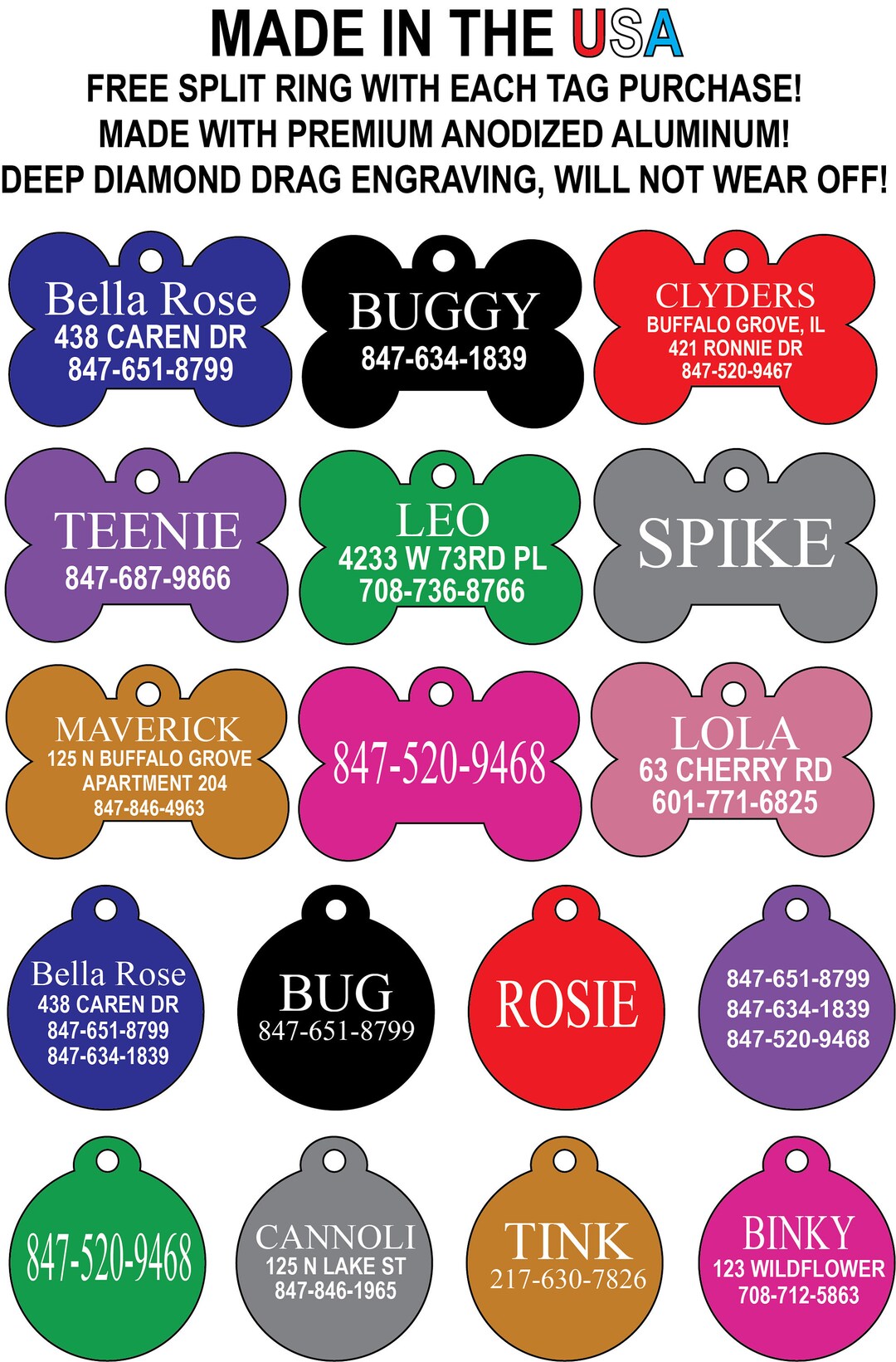 Custom Engraved Pet ID Tags for Dogs and Cats/bone Shape and Round