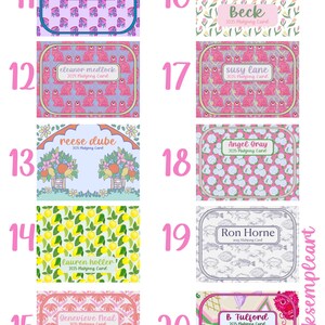 May include: A collection of colorful Mahjong cards with various designs. The cards feature names like "Sarah Jane," "Eleanor Medlock," and "Beck." Each card has a unique background pattern, including floral, fruit, and animal motifs. The text "2025 Mahjong Card" is present on most cards.