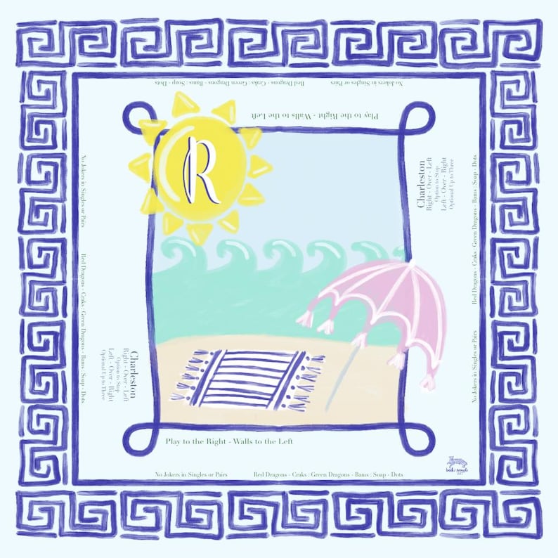 Puede incluir: Ilustraci&oacute;n cuadrada azul claro con un borde de clave griega. La imagen central representa una escena de playa con un sol, olas, una sombrilla y una toalla de playa. El texto incluye "Charleston" y "Play to the Right - Walls to the Left."