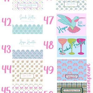 May include: A collection of colorful Mahjong cards with various patterns and designs. The cards feature floral, geometric, and whimsical illustrations, with names and the year 2025 printed on them. The color palette includes pink, blue, green, and white.