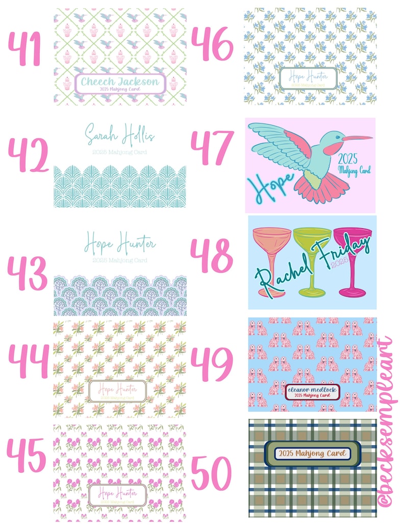 May include: A collection of colorful Mahjong cards with various patterns and designs. The cards feature floral, geometric, and whimsical illustrations, with names and the year 2025 printed on them. The color palette includes pink, blue, green, and white.