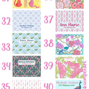 May include: A collection of illustrated cards with various designs. Some cards feature names like "Rachel Friday" and "Ann Marie" with "2025 Mahjong Card" text. Other designs include a palm tree with leopards, fruit, floral patterns, and a peacock.