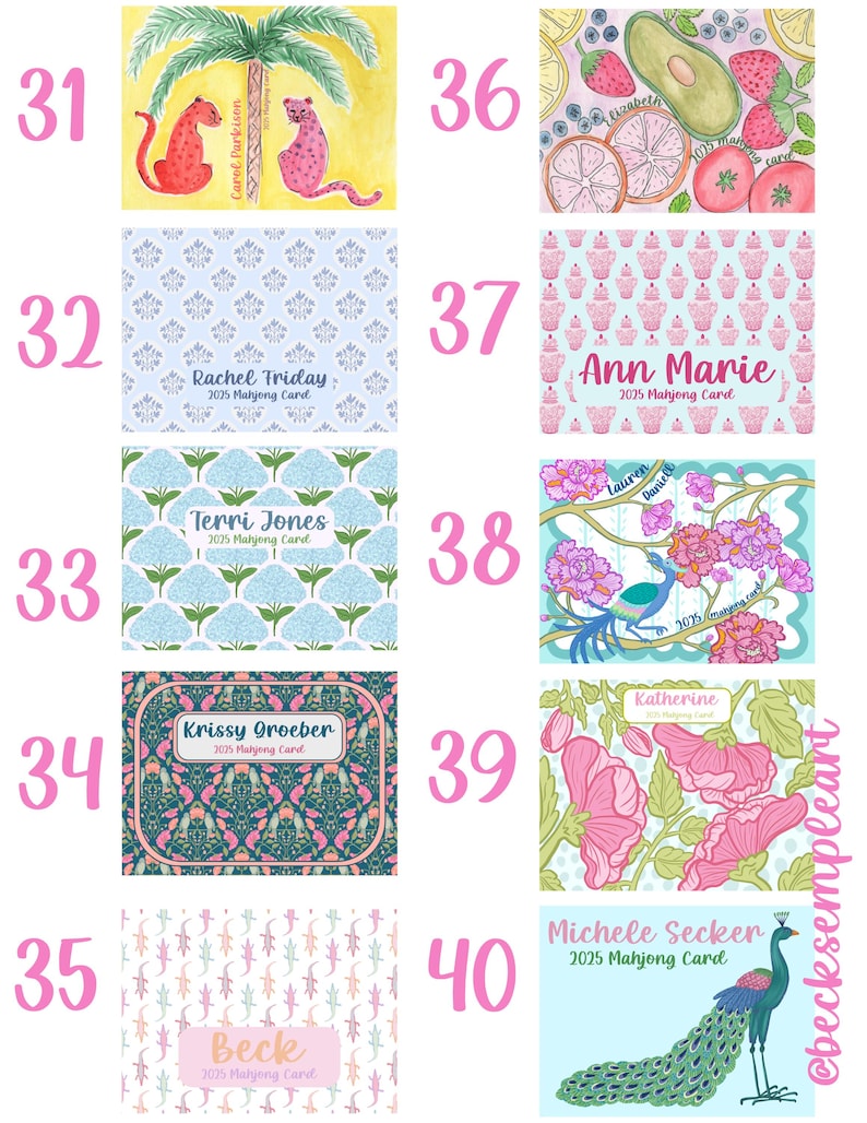 May include: A collection of illustrated cards with various designs. Some cards feature names like "Rachel Friday" and "Ann Marie" with "2025 Mahjong Card" text. Other designs include a palm tree with leopards, fruit, floral patterns, and a peacock.