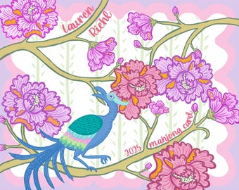 Mahjong Card Sticker—Pink Tobacco Leaf Bird Bam