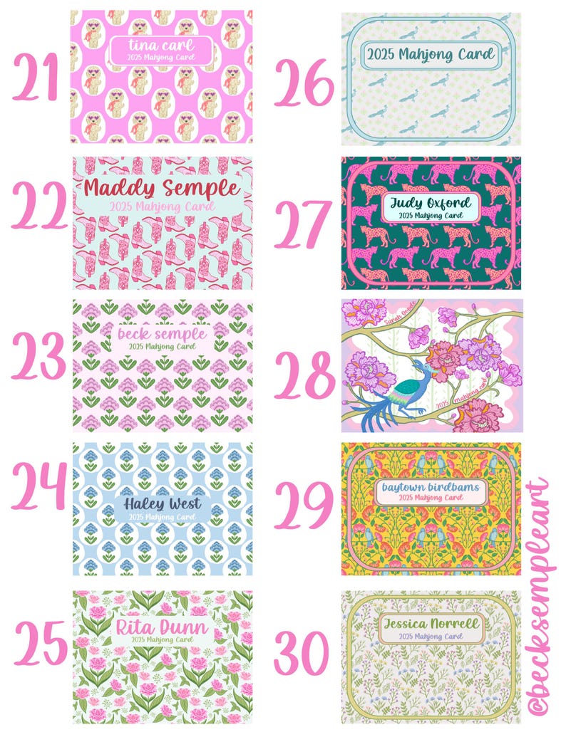 May include: A collection of colorful Mahjong cards with various patterns and names. Designs include floral, animal, and geometric motifs. Each card features a name and the text "2025 Mahjong Card".