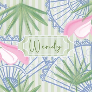 May include: A whimsical illustration featuring a light green and white striped background with stylized parasols, palm fronds, and the name "Wendy" in a decorative frame. The parasols are pink and white, and the fans are blue.