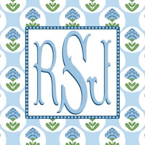 May include: A light blue floral pattern with white circles and green leaves. The center features a white rectangle with the light blue letters "RSI". The background is a light blue color.