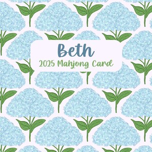 May include: A light pink background features a repeating pattern of blue hydrangea blooms and green leaves. A white rectangle in the center contains the name "Beth" in blue script and the text "2025 Mahjong Card" in green.