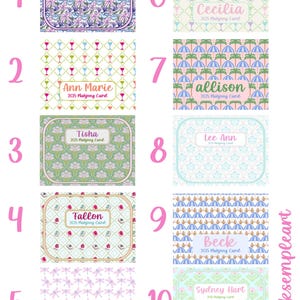 May include: A collection of ten personalized Mahjong cards, each featuring a unique design and name. The cards showcase various patterns, including floral, geometric, and thematic illustrations, with names like Jessica Norrell and Beck. The text "2025 Mahjong Card" is included.