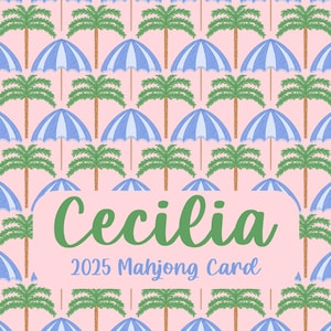 May include: A pink background features a repeating pattern of blue and white striped umbrellas and green palm trees. The text "Cecilia" in green script and "2025 Mahjong Card" is centered on the card.