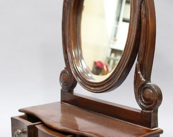 Oval Beveled Tilting Dressing Mirror with Carved Frame & Three Small Drawers, Late 19th Early 20th Century Antique Dressing Table Mirror