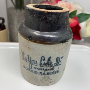 Antique Stoneware Advertising Crock, As You Like It Horseradish Crock Jar, Monmouth Illinois Stoneware Jar Pottery, Sulzberger’s Horseradish