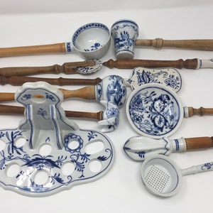 Antique German Meissen Blue Onion Porcelain Kitchen Utensil Set, Utensil Wall Decor with Caddy, Blue and White