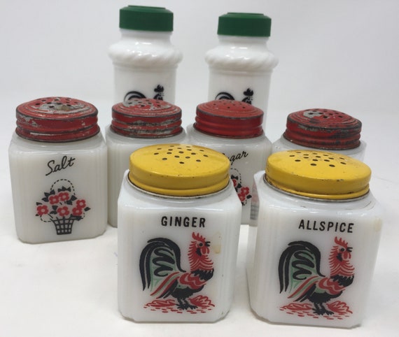 1930s Milk Glass Spice Shaker Bottles, Instant Collection, Hoosier