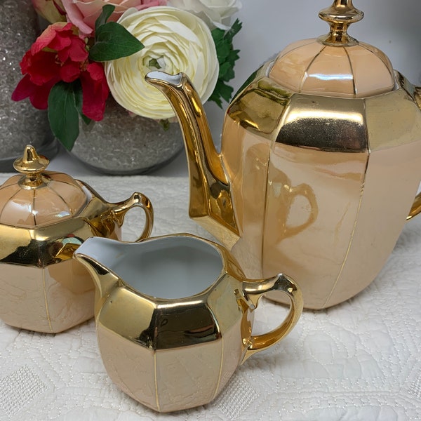 Octagon Art Deco Tea Service, German Gold Lustre 3 Piece Tea Set, Teapot Creamer and Covered Sugar Bowl,