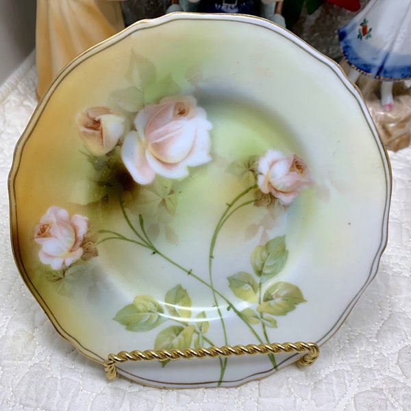 Gorgeous Hand Painted RS Prussia Stemmed Roses Motif, Cabinet Plate Side Dessert Bread and Butter Plate, Suhl, Germany, RS Prussia Germany
