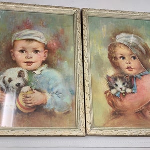 Pair Florence Kroger 1940s Original Framed Lithographs Art Prints, Iconic Illustrator Florence Kroger, Signed Lower Left, Nursery Decor