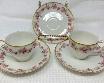 GDA Limoges Double Gold Cup and Saucer Fancy Gold Embossed Vine 