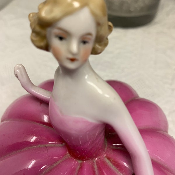 Vintage Figural Lady Covered Two-Piece Porcelain Powder Box, Made in Germany Vintage Ballerina Trinket Box, Incised 15002 Germany