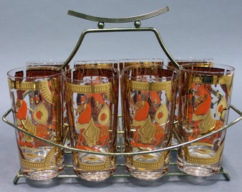 Fred Press Stunning! MCM Exquisite Orange/22k gold Trojan Horse Glass Set, Complete With Caddy,  Rare Hard to Find