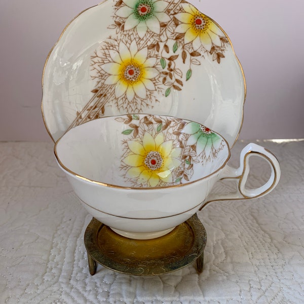 Bell China Enamelled Gilded Teacup Saucer Set, Floral Pattern 4346 Circa 1933 to 1966,  Made by Shore and Loggins, Staffordshire Potters