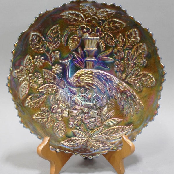 Rare Fenton "Peacock and Urn" Carnival Glass Plate Stunning Iridescent Blue Plate, Beaded Berry Exterior Pattern & Sawtooth Edge