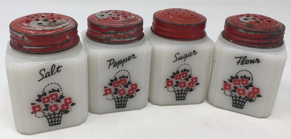 1930s Milk Glass Spice Shaker Bottles, Instant Collection, Hoosier