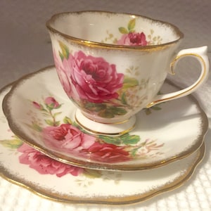 Trio -Gorgeous Royal Albert American Beauty Bone China Tea Cup, Saucer & Tea Plate Trio, Bone China Made in England  Circa 1940s