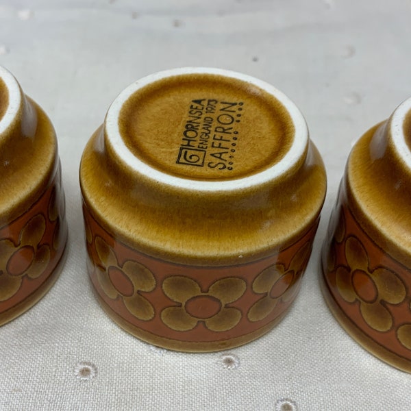 Three (3)  Classic Iconic Retro Egg Cup Saffron Pattern by Hornsea Studio Pottery, 1970s Designer John Clappison Rust with Yellow Flowers,