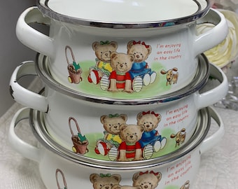 Vintage 6 Piece Set Bee Bear Enamel Pots, Three Stacking Nesting Pots with Lids, White with Teddy Bear Motif Enjoying Life in the Country