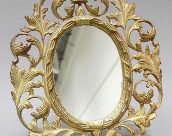 Victorian Style Brass Dressing Table Mirror, Oval Mirror in Ornate Brass Fretwork Frame, Stamped, Hollywood Regency Style Shabby Chic Decor