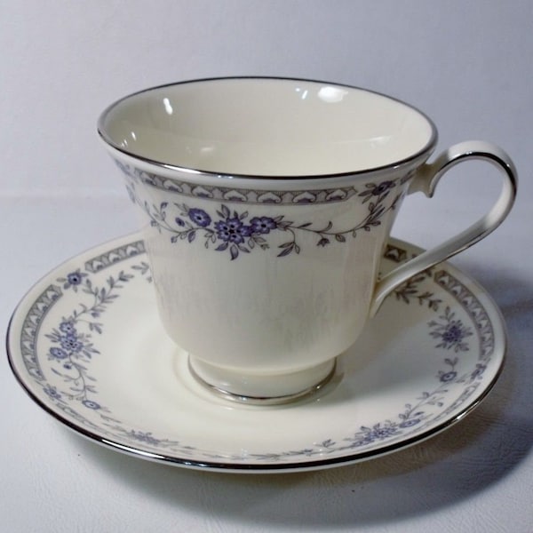 Minton Bellemeade Bone China Footed Tea Cups and Saucers, Floral Swags with Platinum Rim and Ring Vintage Discontinued (1971to 1998)