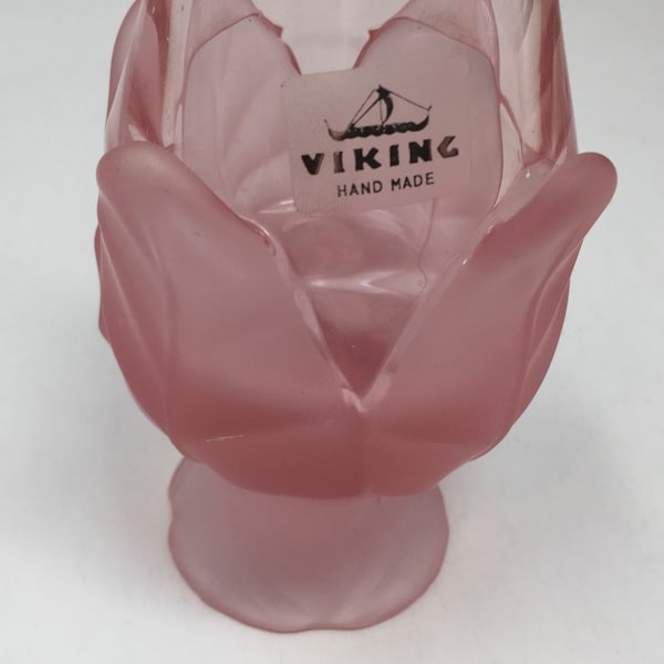 Viking Midcentury Modern Handmade Spring Blossom Epic Leaf Vase Pink Swung Glass Vase With Frosted Tulip Base - Original Label!