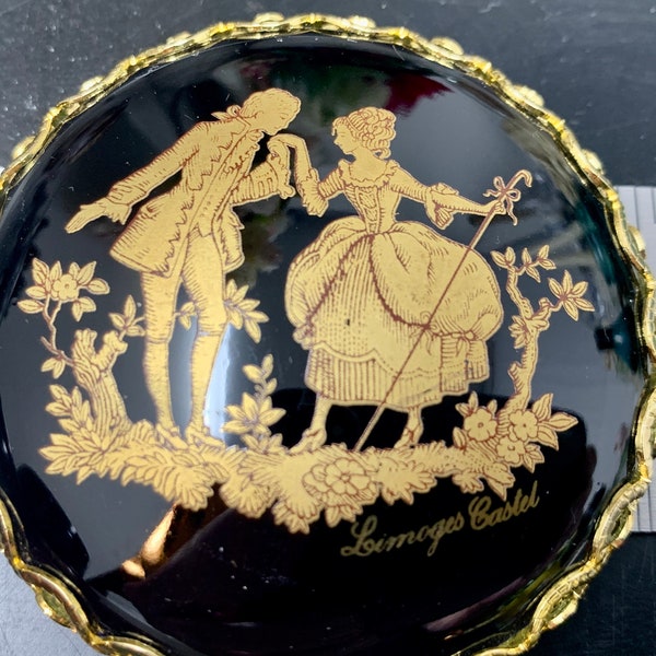 Vintage Limoges Fragonard Style Courting Couple on Porcelain, Small Hand Purse Mirror, Gold Metal Reticlated Frame Surround Beveled Mirror