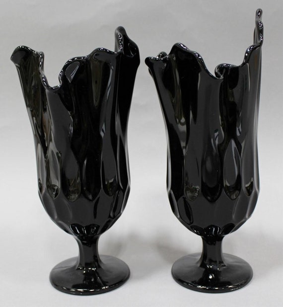 Pair Fenton 9 5 Vintage Art Glass Ebony Black Amethyst Etsy