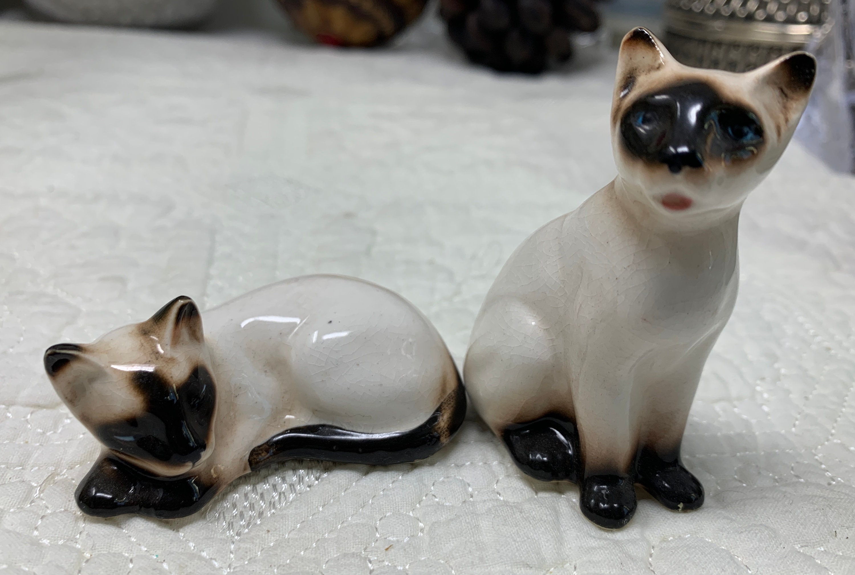 Vintage Siamese Cat Figurines Sleeping Sitting Blue Eyes Porcelain