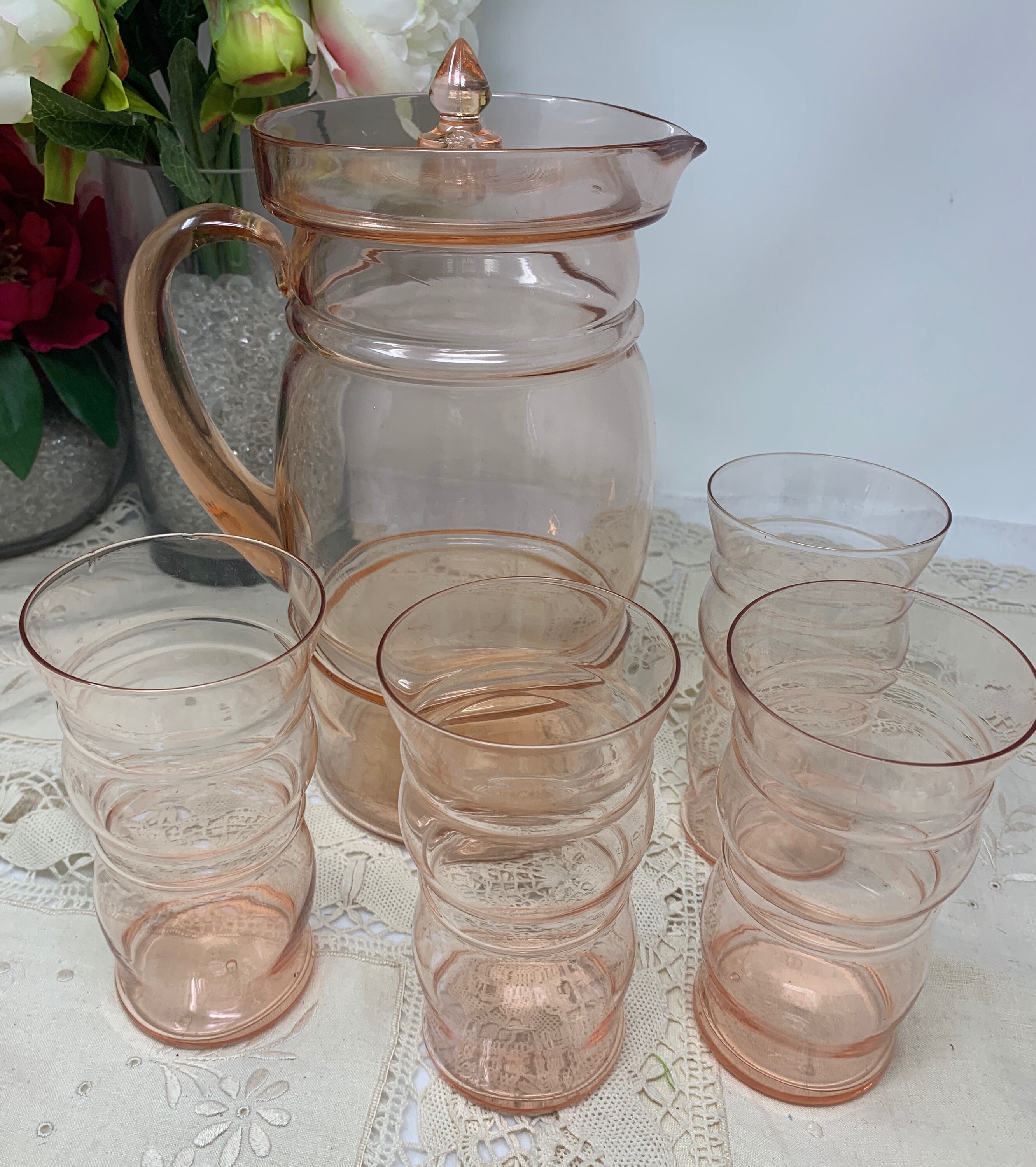 Vintage Rose Glass Pitcher with Lid / Dunbar Ringed Pitcher, Pink  Depression Glass