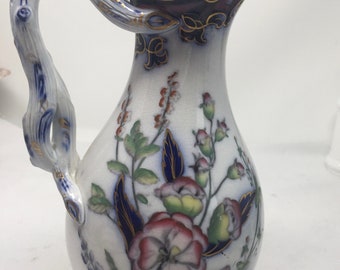 RARE 1840s Pitcher Staffordshire Charles Meigh 1840s Botanical Porcelain Pewter Pitcher Gilded Pitcher Branch Handle Scottish Thistle Finial