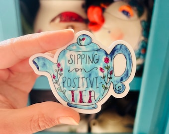 Positivi-TEA Vinylklistermärke, Blå Blommig Tekanna, Självvårdsgåva