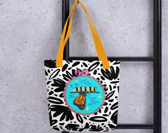 Borsa tote in tela con stampa di farfalle e bruchi, borsa per la spesa riutilizzabile e motivazionale.