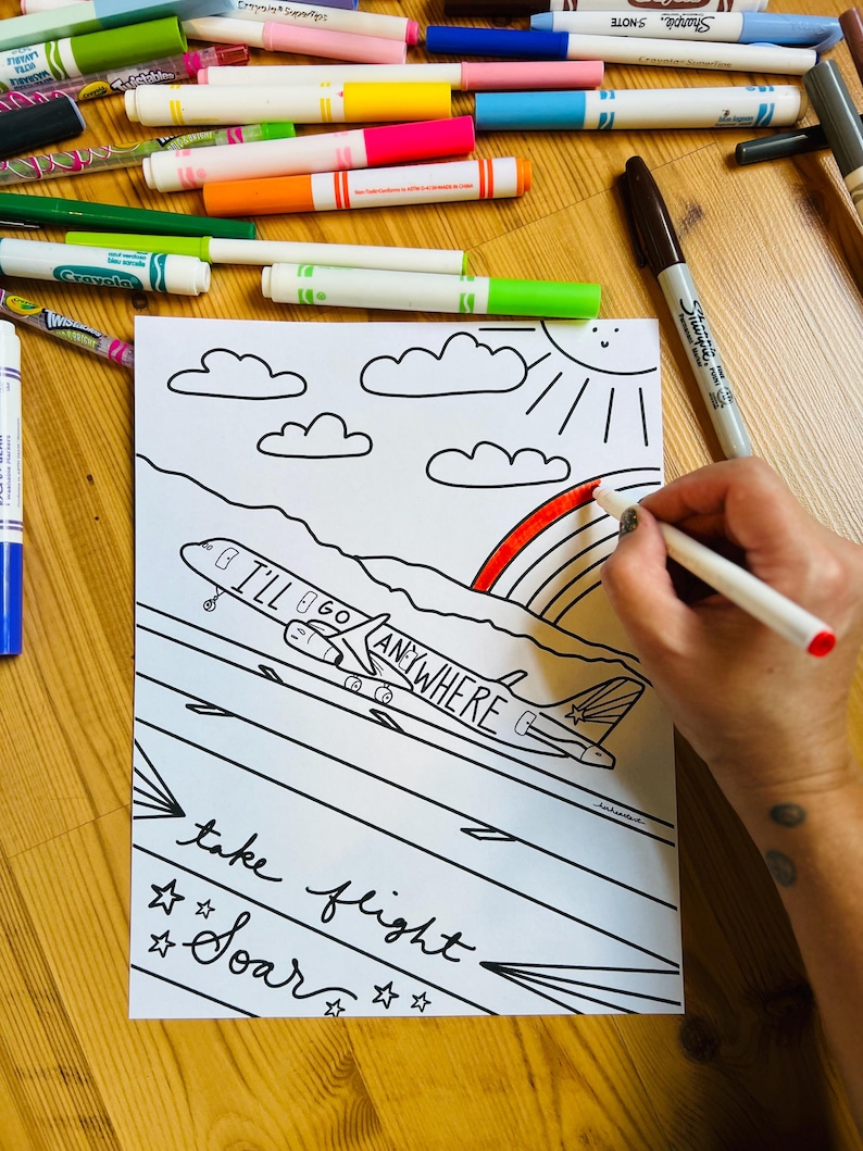 Airplane Coloring Page | Travel Quote, Rainbow Sky (digital Download ...