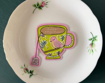 Adesivo "Hello Gorgeous" / Tazza da tè stravagante, vinile con uccellino floreale